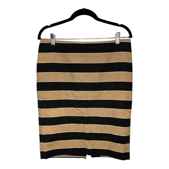 LOFT Contrast Stripe Pencil Skirt Size 8 Black Beige Exposed Zipper Back Slit‎ - Picture 1 of 3